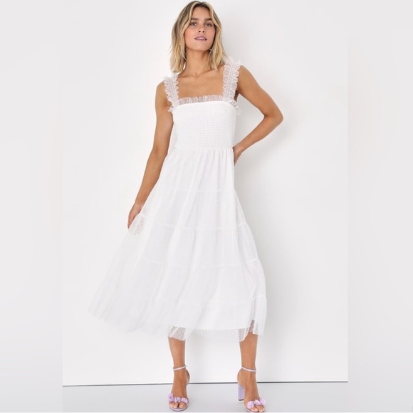 🤍 Lulu’s Darling Dancer White Swiss Dot Ruffled Tiered Midi Dress 🤍 - Picture 4 of 6